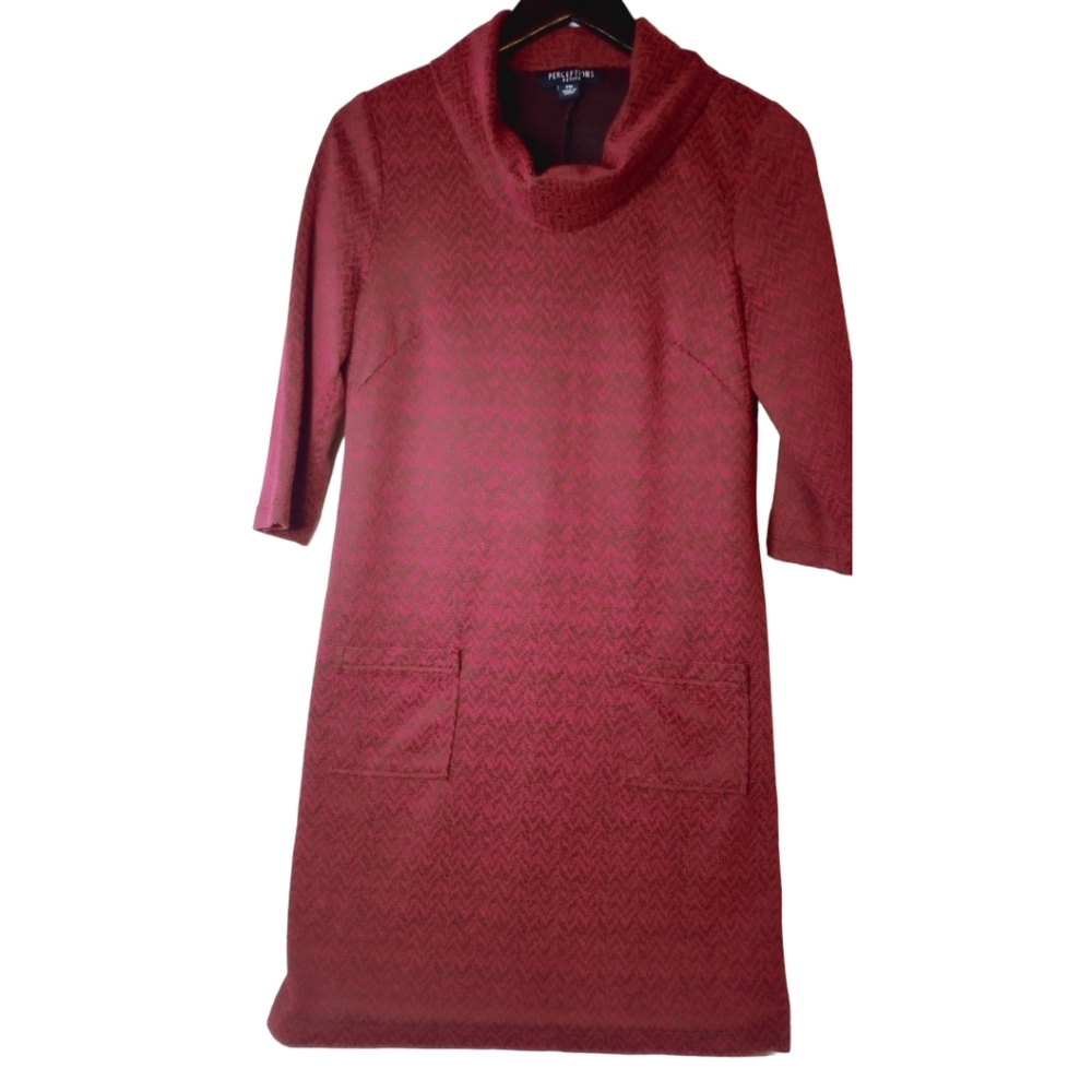 Perceptions Petite Medium Women's Cowl Neck 3/4 Sleeve Mini Burgundy Dress Work